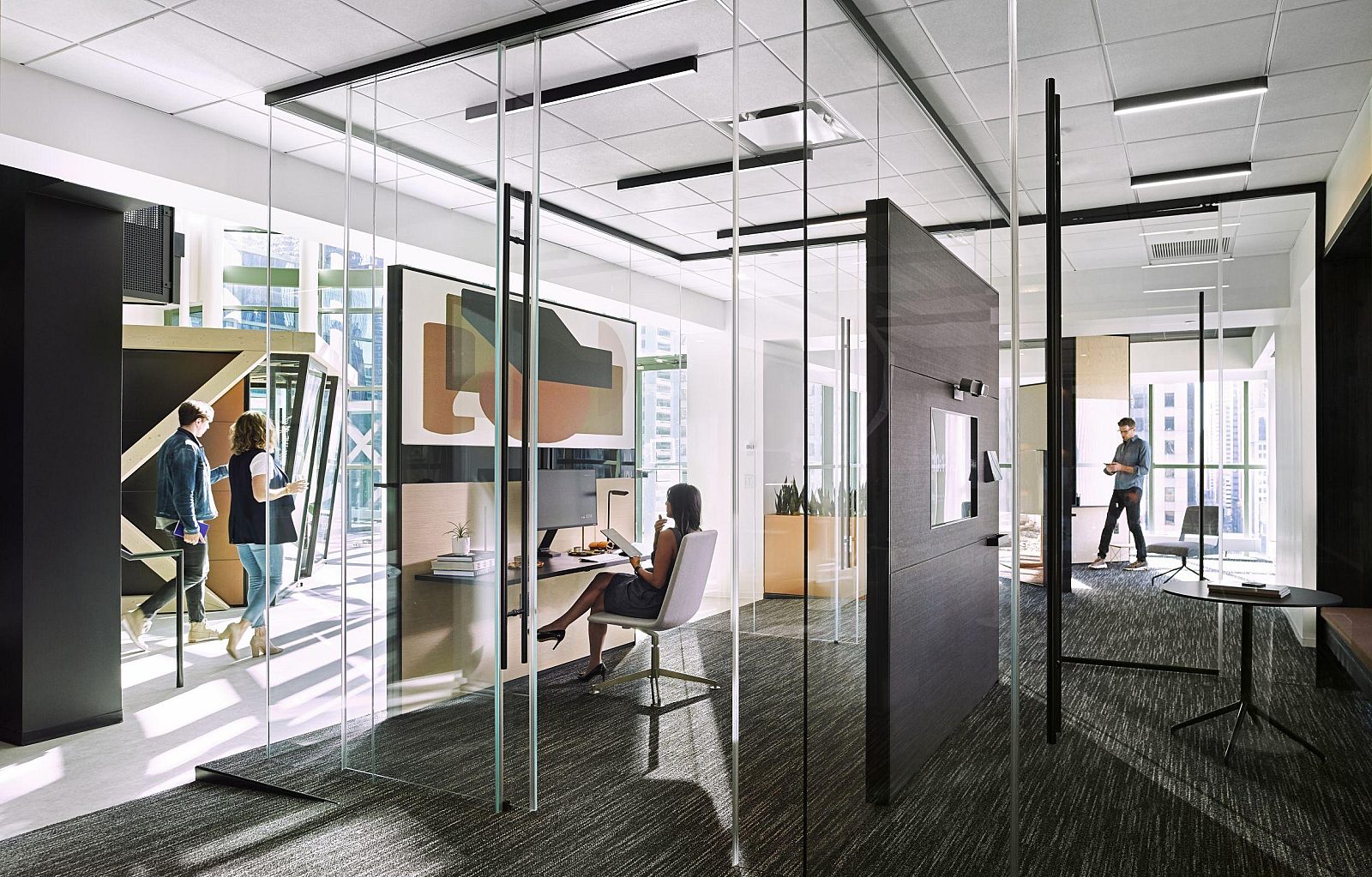 Rendering of office viewing glass conference rooms with transparent butt and corner joins
