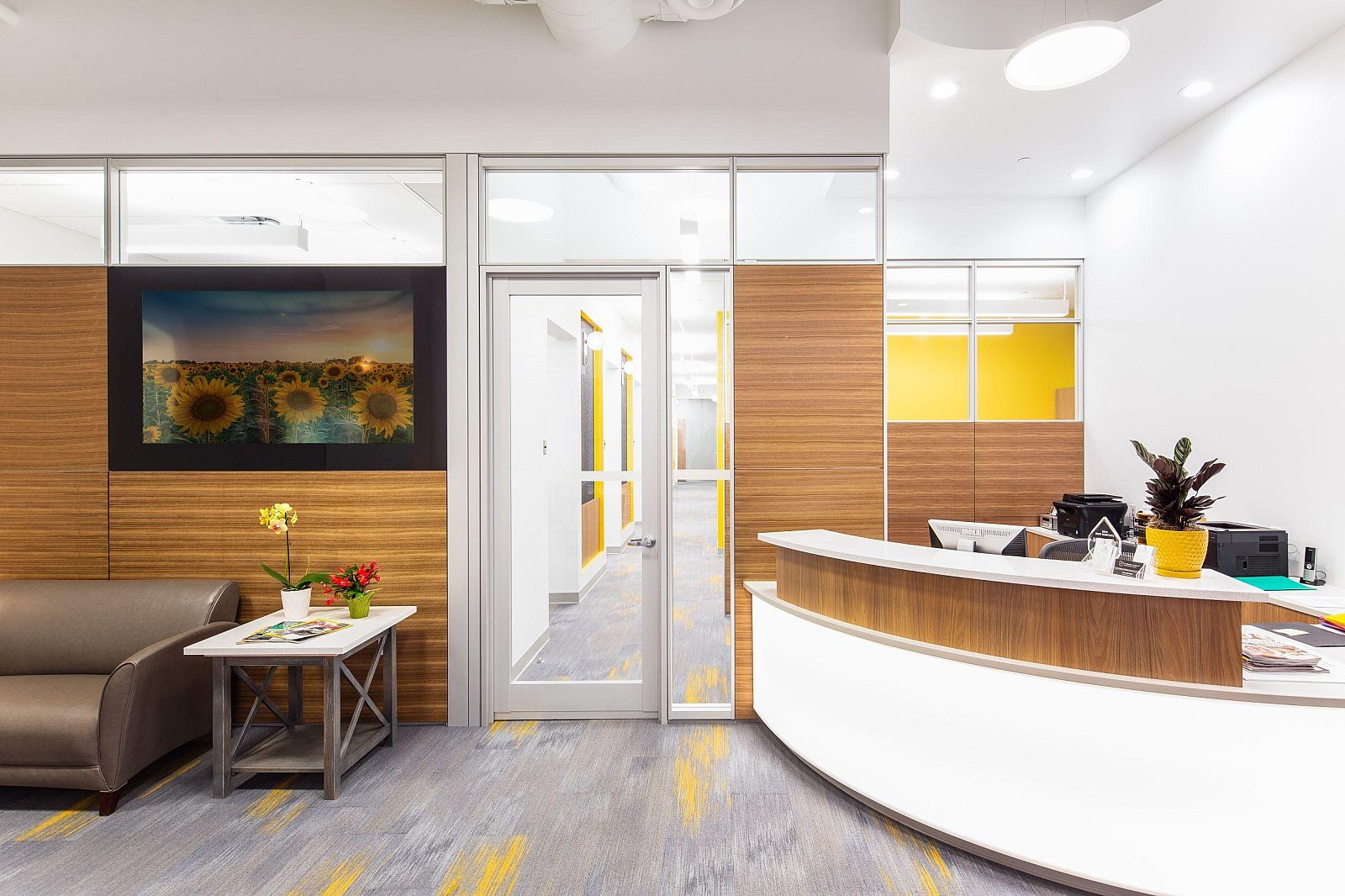 A reception area with walls behind that are part glass and part wood.