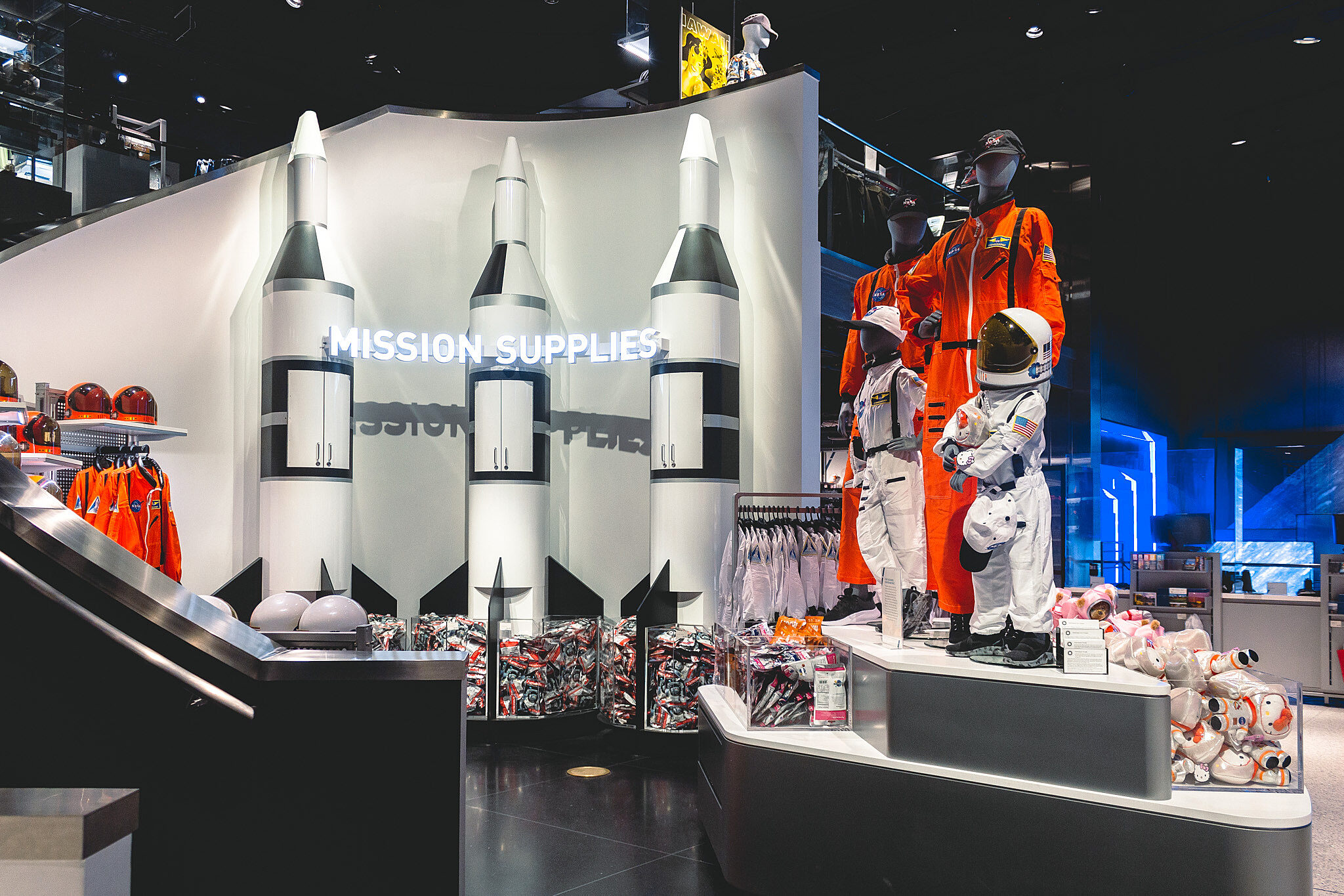 Displays inside the museum store, reads mission supplies