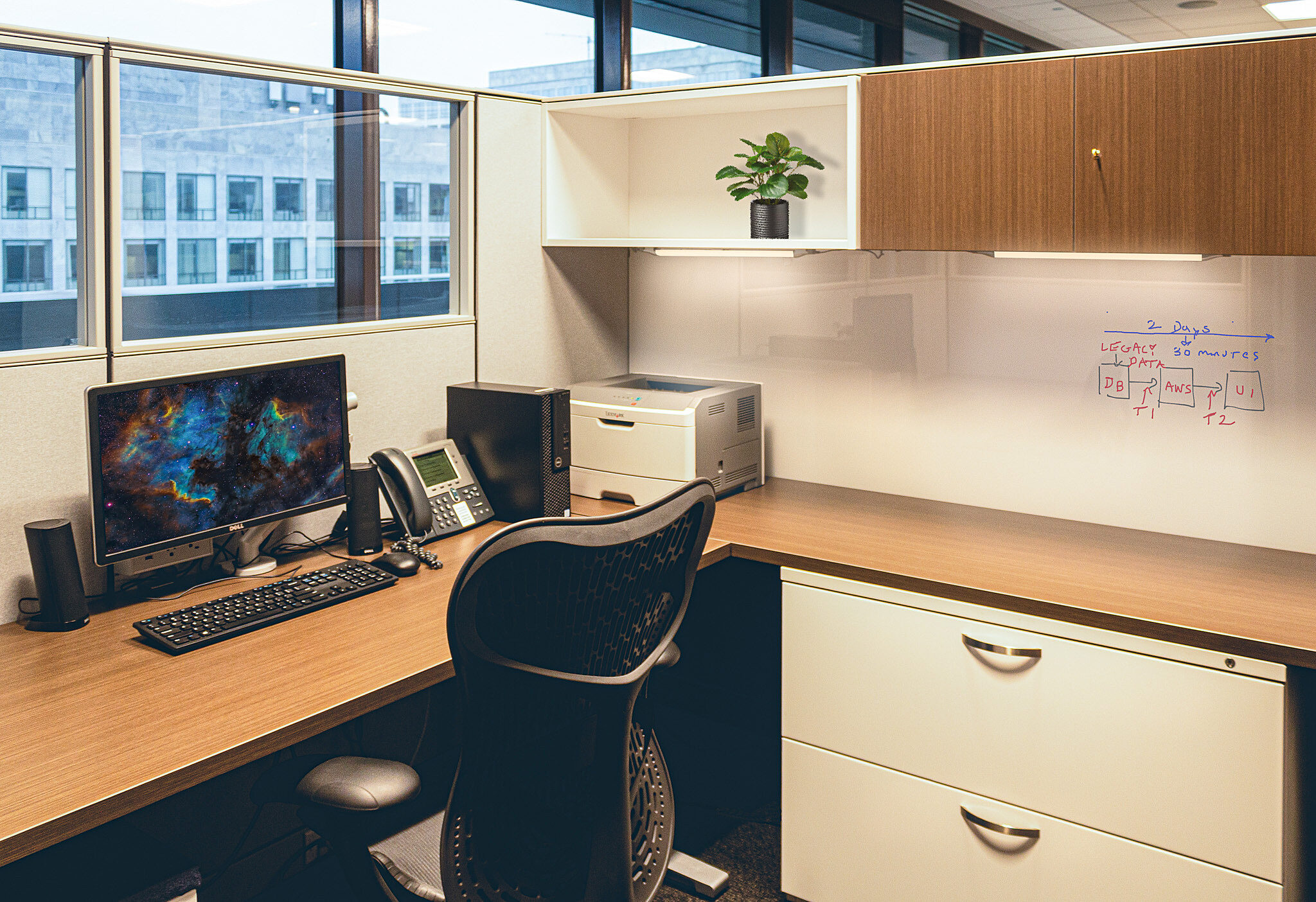 The inside of a workstation surrounded with fabric panels